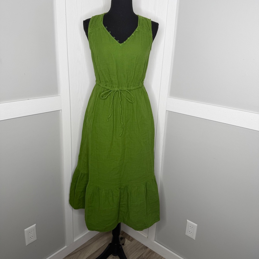 Time and Tru Dress Womens XS Green Cotton Gauze Sleeveless Tiered Midi Pockets
